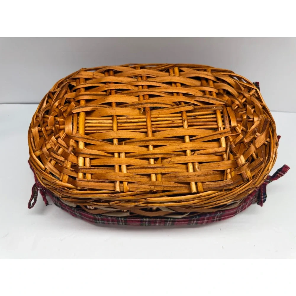 Vintage Wicker Bread Basket with Red Tartan Plaid Liner and Wooden Handles
